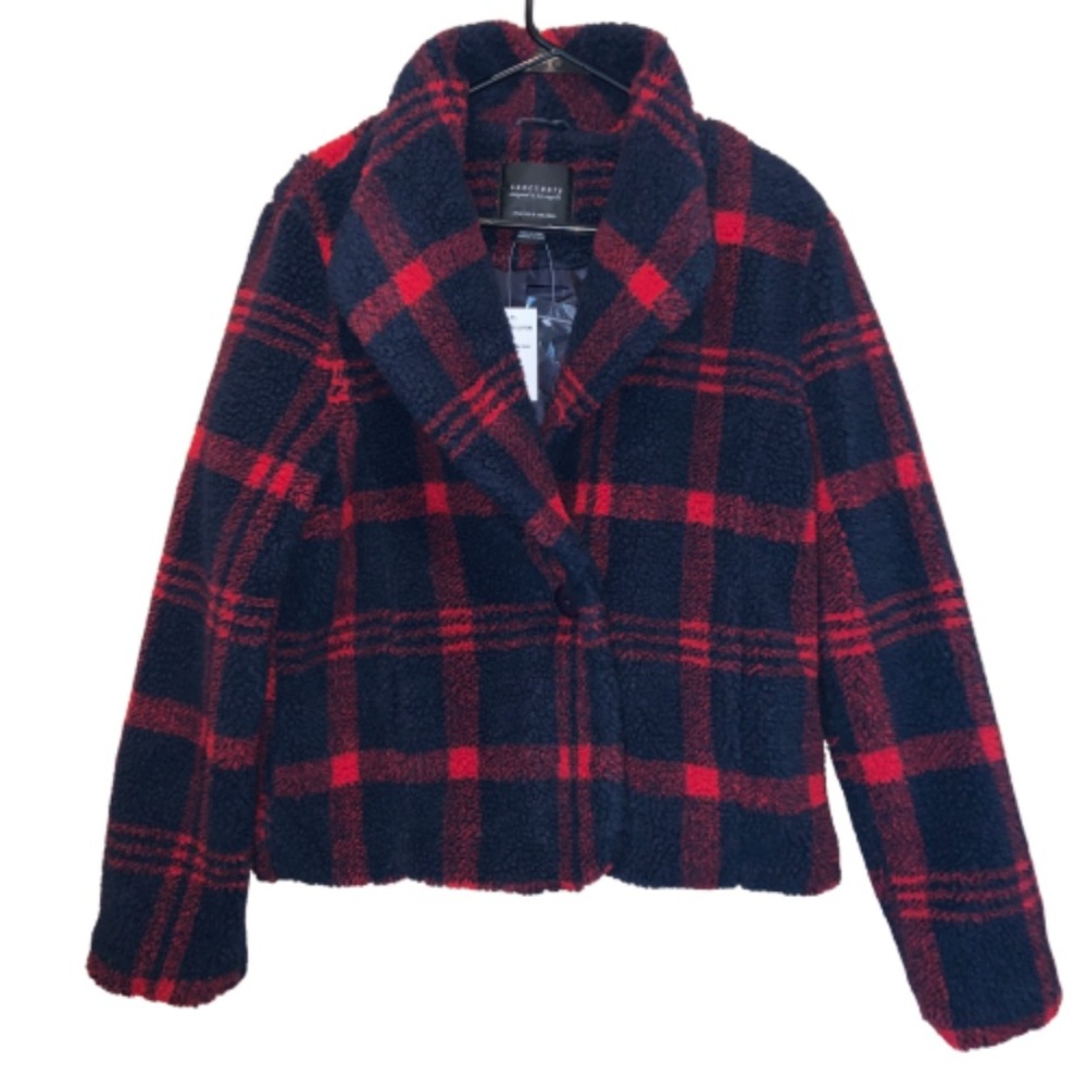 Sanctuary plaid teddy coat red blue fluffy NWT